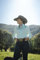 Emily Womens Cotton Blouse in Light Blue | Eyelet Lace Detail