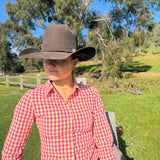 Ivy Womens Cotton Shirt in Pink Yellow Check | Tailored Back Darts