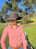 Ivy Womens Cotton Shirt in Pink Yellow Check | Tailored Back Darts