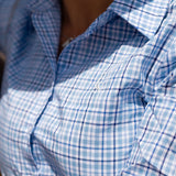 Ivy Womens Cotton Shirt in Light Blue Check | Tailored Back Darts