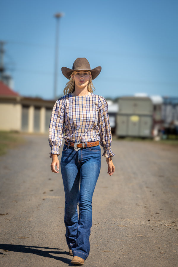 Quinn Blouse – Tan Navy Plaid