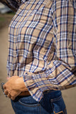 Quinn Blouse – Tan Navy Plaid
