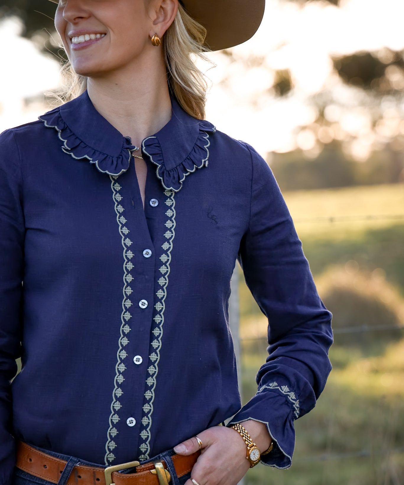 Lottie Womens Blouse in Navy with Sage Green Trim | Contrast Trim Detail