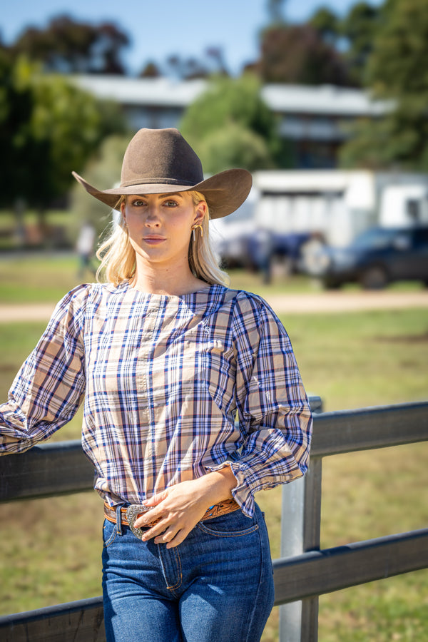 Quinn Blouse – Tan Navy Plaid