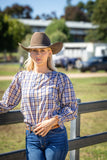 Quinn Blouse – Tan Navy Plaid