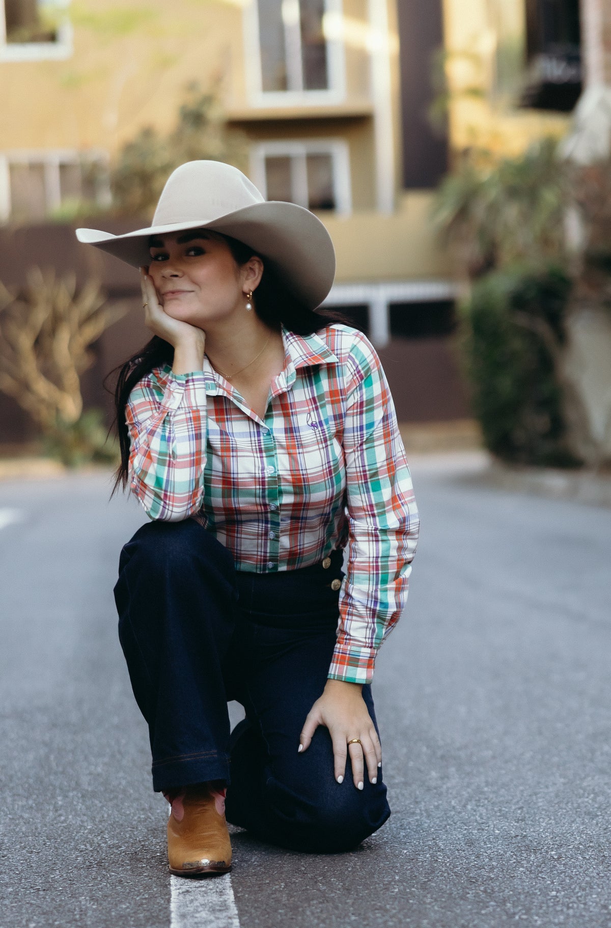 Ivy Womens Cotton Shirt in Orange Green Plaid | Tailored Back Darts