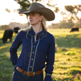 Lottie Womens Blouse in Navy with Sage Green Trim | Contrast Trim Detail