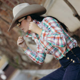 Ivy Womens Cotton Shirt in Orange Green Plaid | Tailored Back Darts