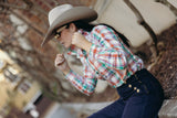 Ivy Womens Cotton Shirt in Orange Green Plaid | Tailored Back Darts