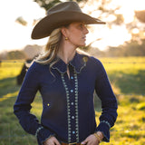 Lottie Womens Blouse in Navy with Sage Green Trim | Contrast Trim Detail