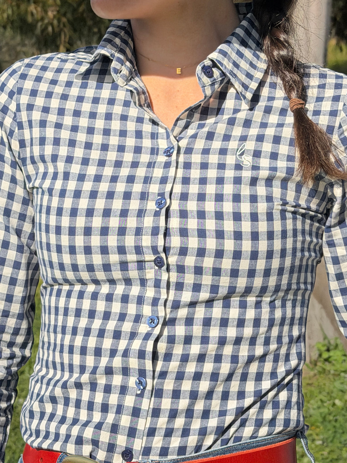 Ivy Womens Cotton Shirt in Blue Check | Tailored Back Darts
