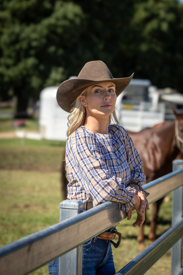 Quinn Blouse – Tan Navy Plaid