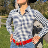 Ivy Womens Cotton Shirt in Blue Check | Tailored Back Darts