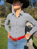 Ivy Womens Cotton Shirt in Blue Check | Tailored Back Darts