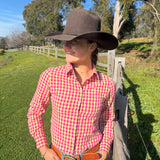 Ivy Womens Cotton Shirt in Pink Yellow Check | Tailored Back Darts