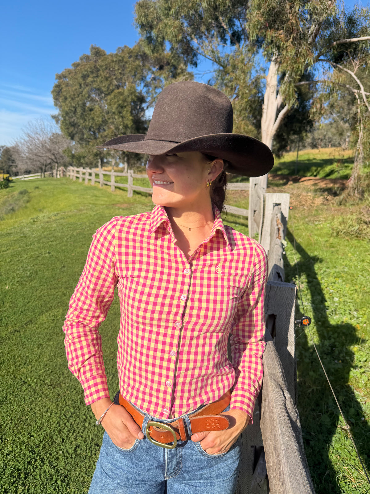 Ivy Womens Cotton Shirt in Pink Yellow Check | Tailored Back Darts