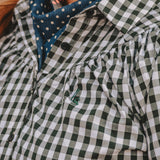 Georgie Womens Cotton Blouse in Forest Green Gingham | Gathered Shoulders