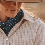 Ivy Womens Cotton Shirt in Light Brown White Check | Tailored Back Darts