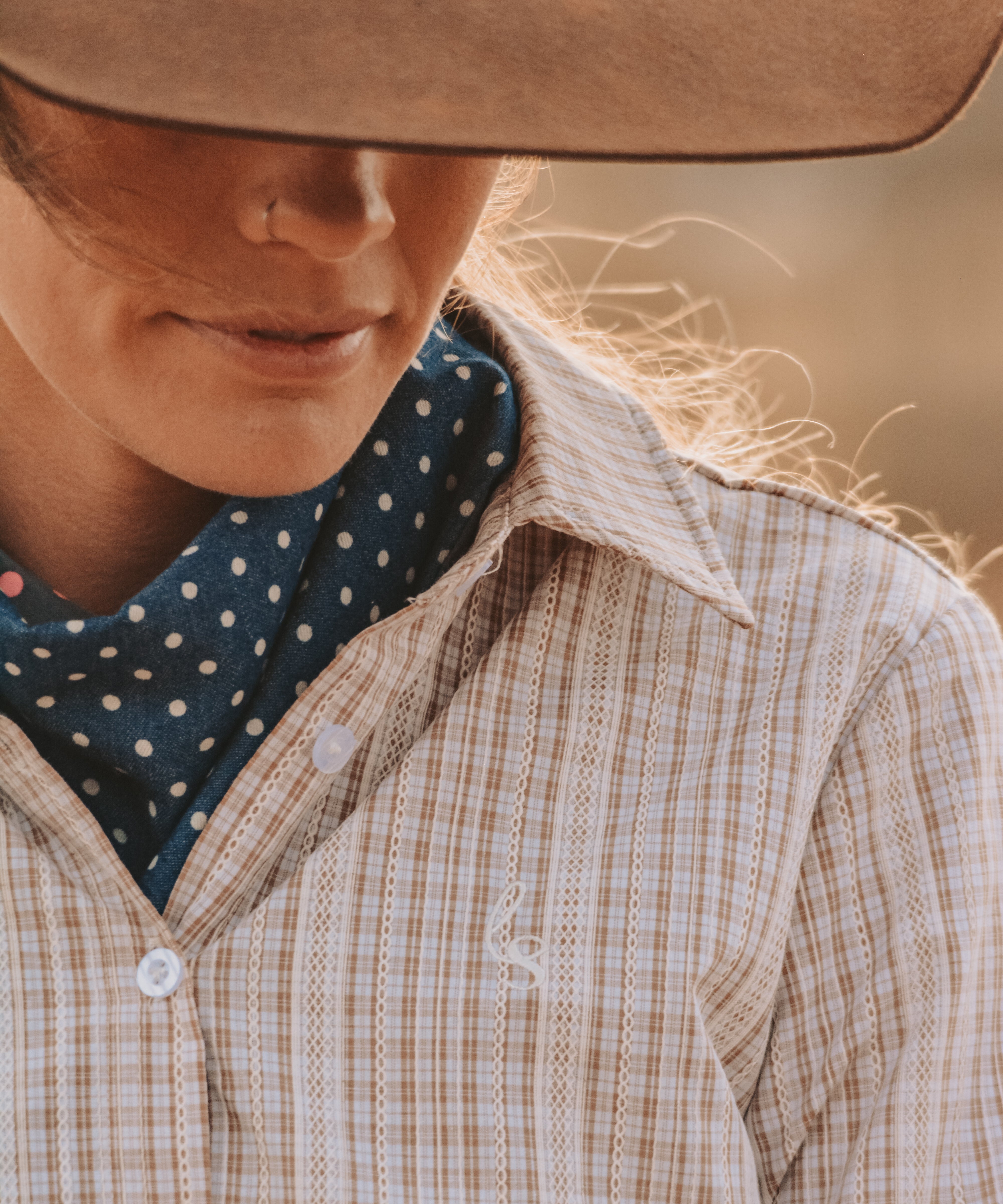 Ivy Womens Cotton Shirt in Light Brown White Check | Tailored Back Darts