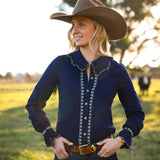 Lottie Womens Blouse in Navy with Sage Green Trim | Contrast Trim Detail