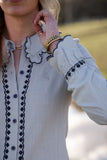 Lottie Womens Blouse in Soft Grey with Navy Trim | Contrast Trim Detail