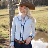 Lottie Womens Blouse in Soft Grey with Navy Trim | Contrast Trim Detail