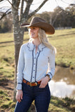 Lottie Womens Blouse in Soft Grey with Navy Trim | Contrast Trim Detail