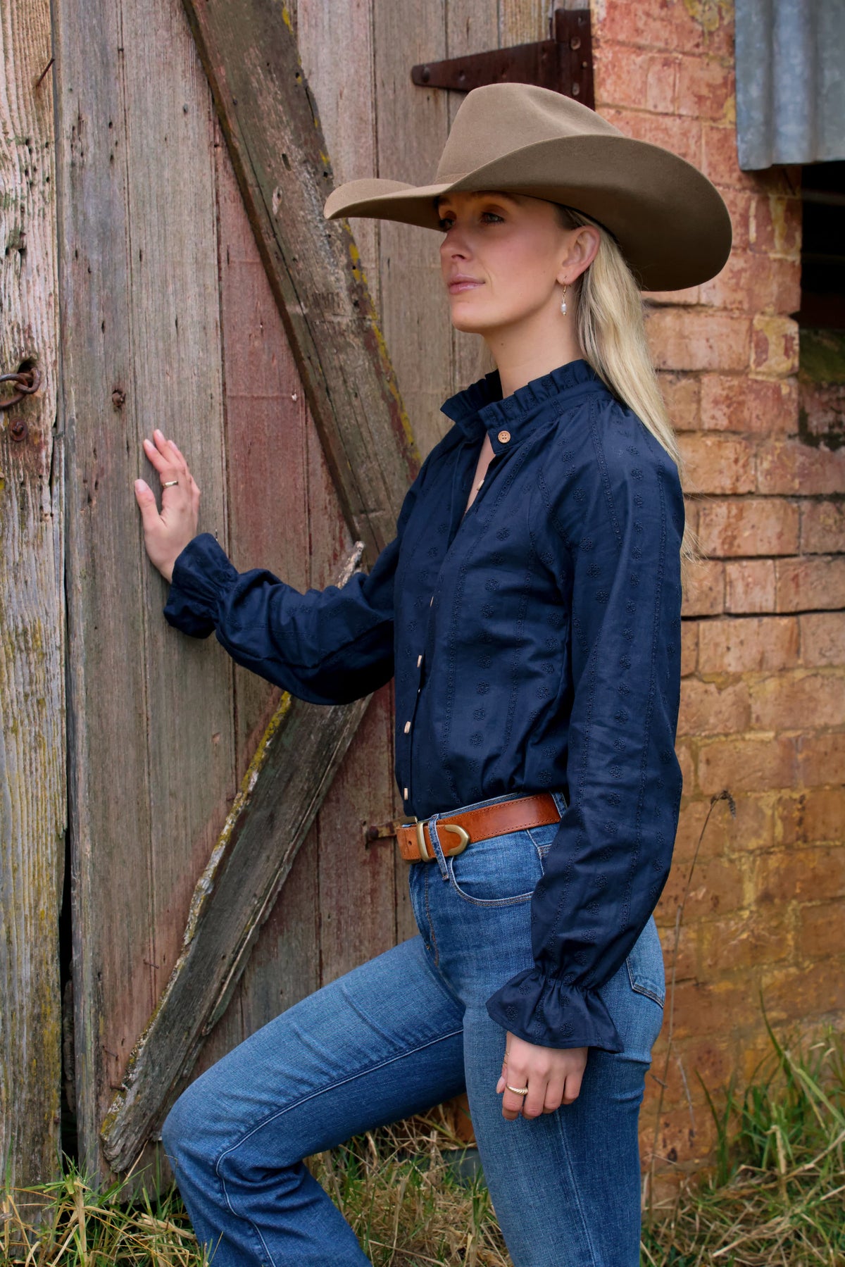 Birdie Womens Linen Top in Navy | Ruffle Collar