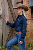 Birdie Womens Linen Top in Navy | Ruffle Collar