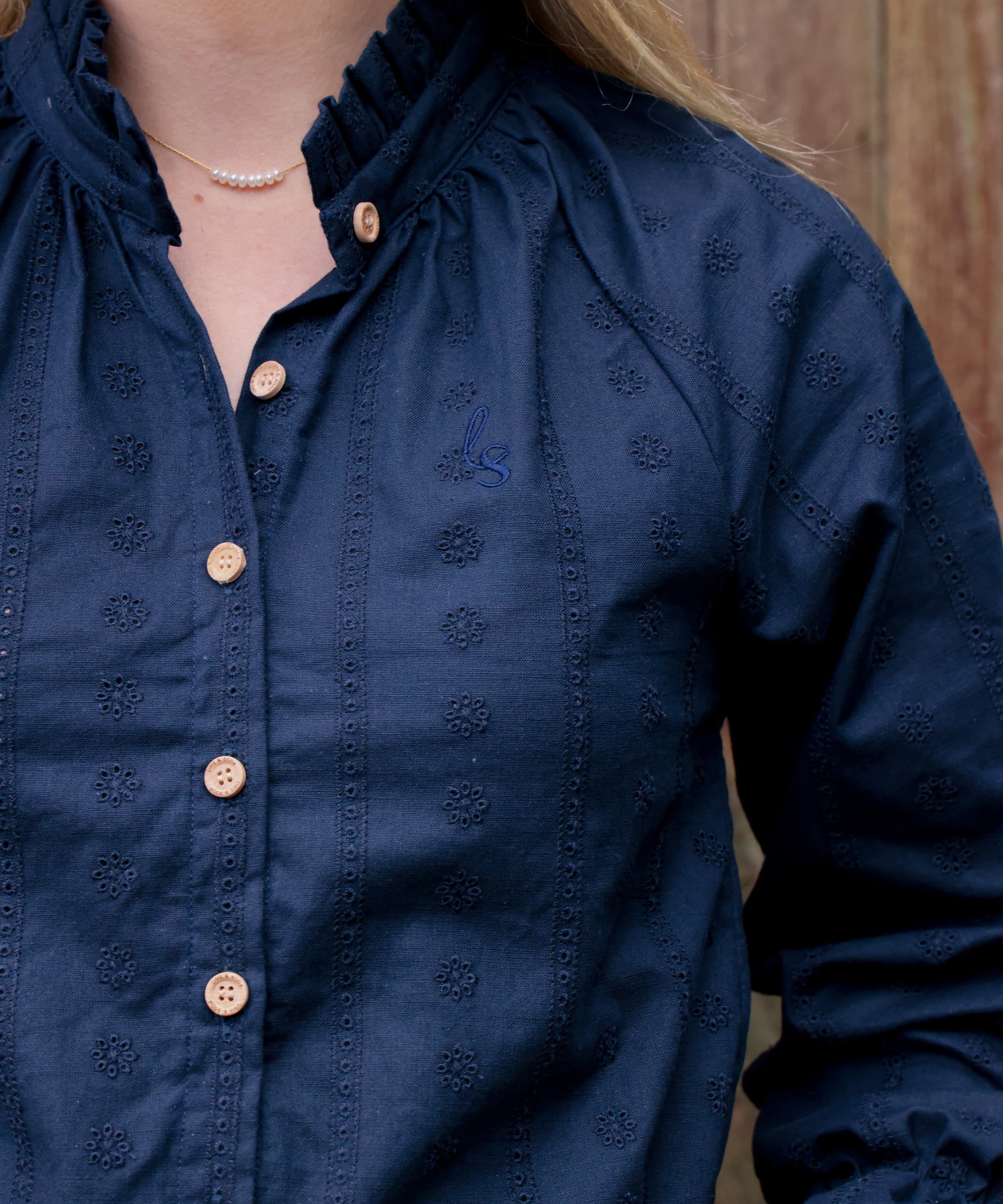 Birdie Womens Linen Top in Navy | Ruffle Collar