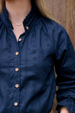 Birdie Womens Linen Top in Navy | Ruffle Collar