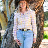 Layla – Women's Cotton Linen Blend Shirt in Yellow & Blue Plaid | Hidden Bust Closures