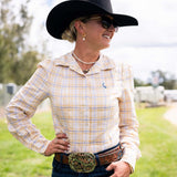 Layla – Women's Cotton Linen Blend Shirt in Yellow & Blue Plaid | Hidden Bust Closures