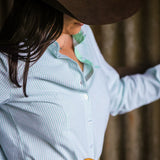 Arabella Womens Cotton Shirt in Green Stripe | Tailored Darts
